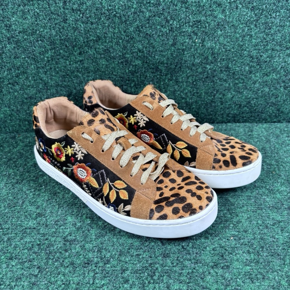 JOHNNY WAS Calf Hair & Suede Leopard Floral Embroidered Sneakers Sz 7